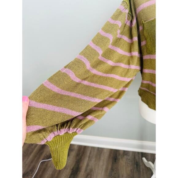 Free People Between The Lines Stripe Women’s Sweater Crop Green Pink M Boho - Picture 5 of 8